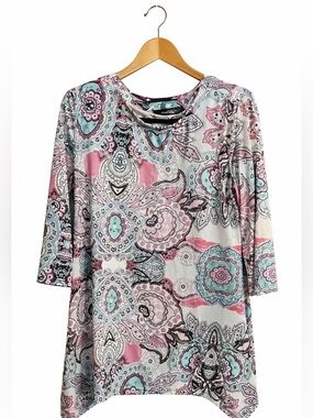 Paisley Tunic Top Teal Pink White Women’s Large Boho Blouse